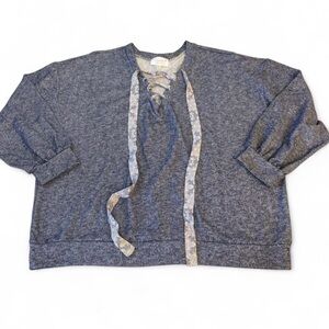 Sugarfox Lace Up Boho Lightweight Sweatshirt Womens 2X Cottage Beach Blue Floral